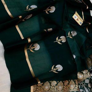 Bottle green pure kora organza kadhua booti sarees