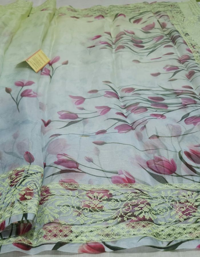 IMPRESSIVE ARTISAN ORGANZA PURE SILK BORDERLESS FLOWRAL PRINT THREAD WORK DUAL TONE