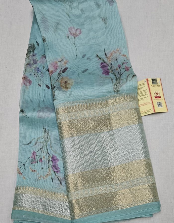 PURE ORGANZA KANCHI BORDERS SKY BLUE SHADE